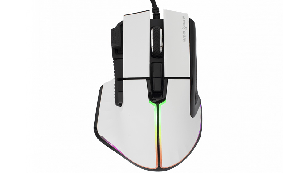 Herní myš White Shark MARROK GM-9006 white RGB v bílém provedení na neutrálním pozadí s pohledem zvrchu